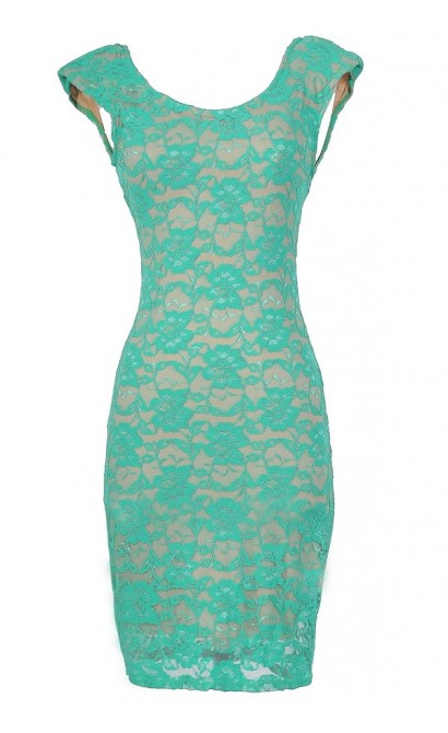 Fitted Contrast Lace Padded Shoulder Dress In Jade/Nude